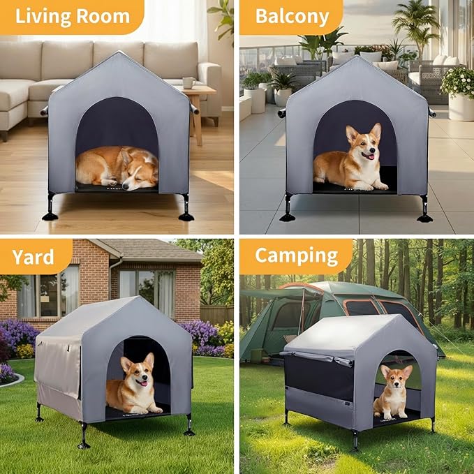 Dog House, 36” Large Dog House Outdoor Indoor Elevated Dog Cot Bed | 2-in-1 Outside Dog Tent Shade, Three-Sided Breathable Mesh Windows, Easy to Install, Waterproof Canopy, Non-Slip Feet