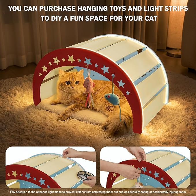 3-in-1 Crescent Elevated Cat Bed with Removable Sisal Scratcher & Soft Fleece Mat, Rocking Cat Hammock Lounge for Indoor Cats, Kittens & Small Animals, Blue