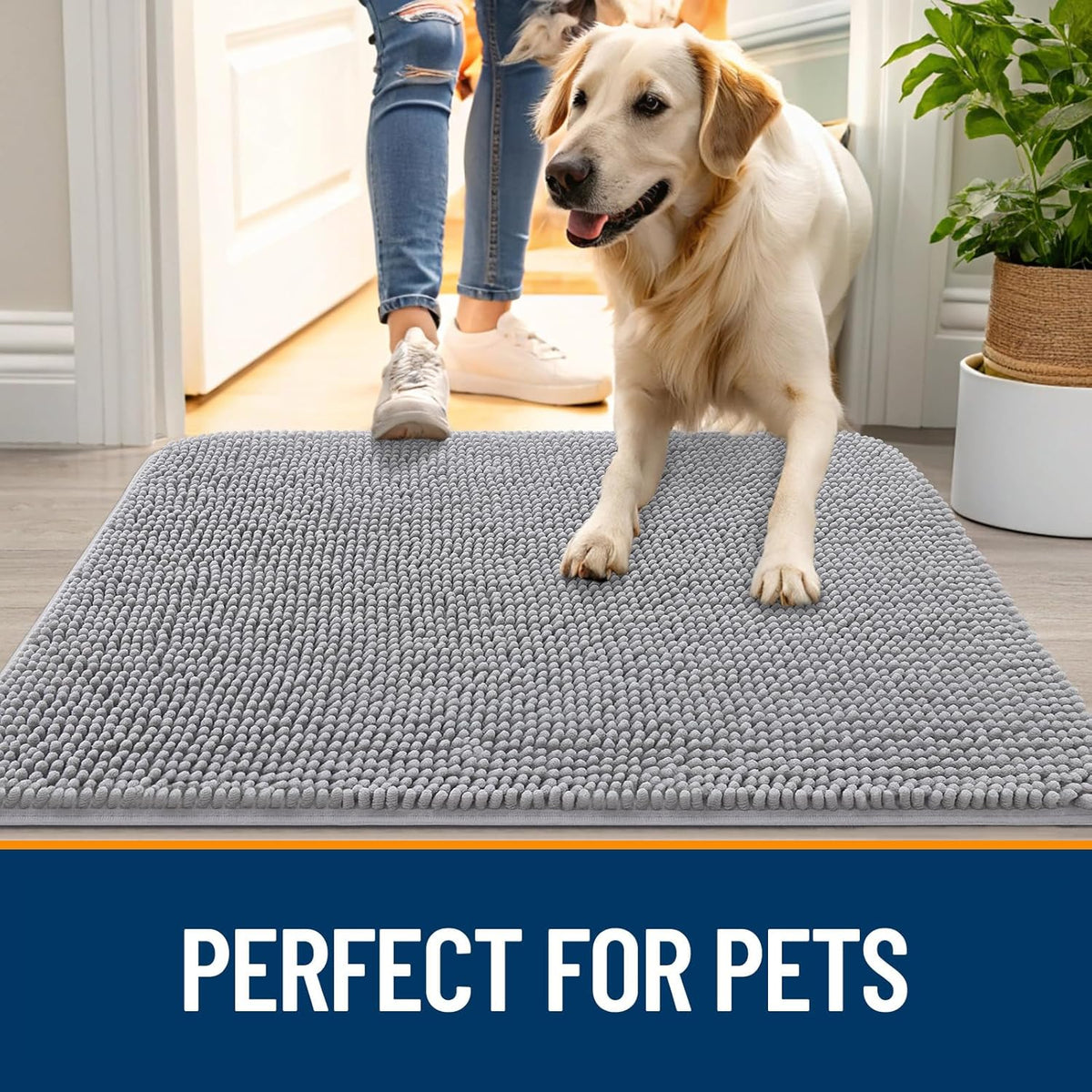 OLANLY Dog Door Mat for Muddy Paws 34x21, Absorbs Moisture and Dirt, Absorbent Non-Slip Washable Doormat, Quick Dry Chenille Mud Mat for Dogs, Entry Indoor Entryway Carpet for Inside Floor, Light Grey