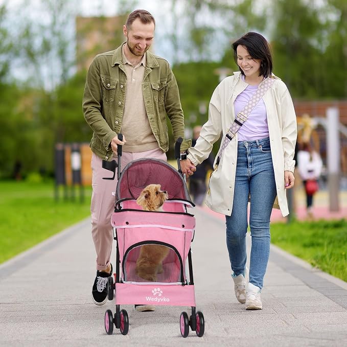 Pet Stroller for Small Dogs Medium Dogs 33lbs, Dog Pram Ultra Light - only 3.5 kg, Dog Stroller Pet Pram with 4 Wheel Foldable/Storage Basket/Cup Holder-P07 (Hot Pink)