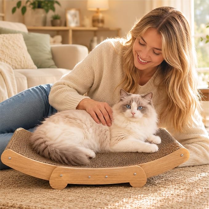 Curved Cat Scratcher Lounge Cat Scratching Board Bed, Natural Cardboard Cat Scratcher Sofa with Wooden Base, Comfortable Resting & Playing Scratching Pad for Indoor Cats