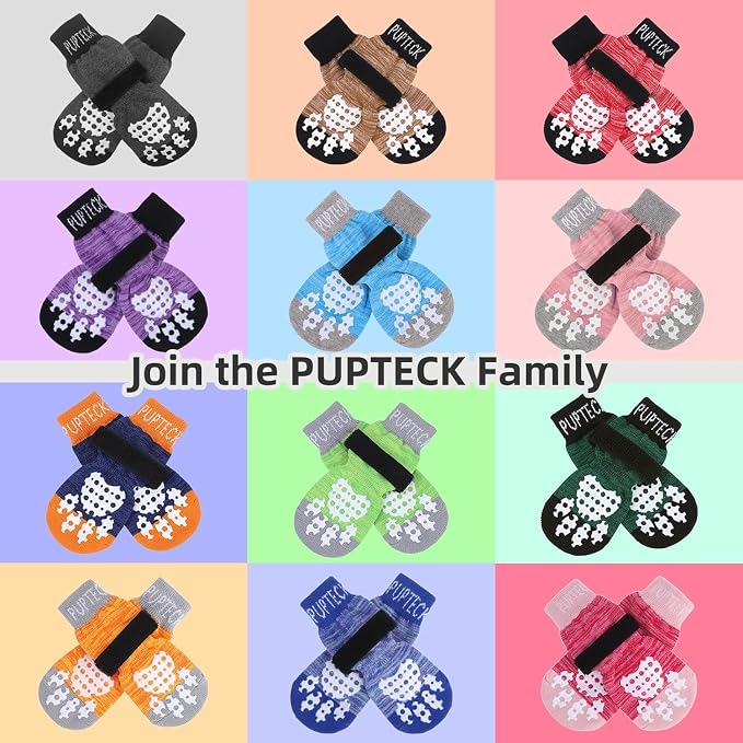 PUPTECK Anti-Slip Dog Socks with Double Sides Grips for Small Medium Large Dogs Hardwood Floors Prevents Licking, Dog Shoes for Hot Pavement Traction Control for Senior Dogs, Grey&Pink L