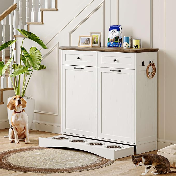 FIMELLO 39.7’’W Dual Doors Dog Food Storage Cabinet, Tilt-Out Dog Feeding Station with 4 Feeding Bowls, Pet Feeder Cabinet, White Grain