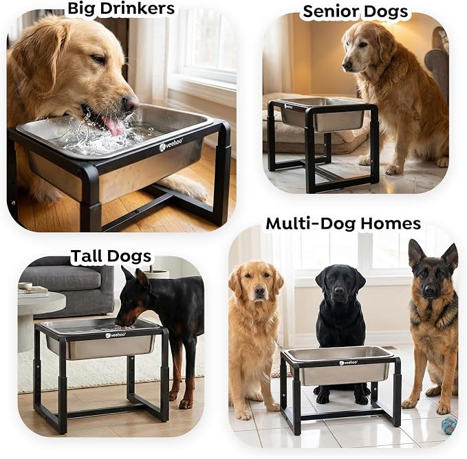 Veehoo 2.4 Gallon Elevated Outdoor Dog Water Bowl for Large Dogs | No Spill Metal Raised Dog Bowls Stand, 3 Adjustable Heights, Relief Joint Pressure, Stainless Steel Bowl, Dishwasher Safe