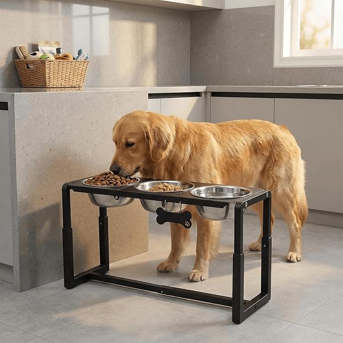 Metal Elevated Dog Bowls, Raised Dog Bowls for Medium/Large Sized Dogs with Three 58oz Stainless Steel Food Bowls, 3 Adjustable Height (8.8"/11.5"/14") Dog Bowl Stand Protect Neck & Joints