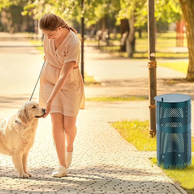 Dansydaisy Round Outdoor 10 Gallon Capacity Trash Can with Lid for Dog Waste Station - Rust Free UV Powder Coated - Designed to Mount on Any Post or Wall(Green)