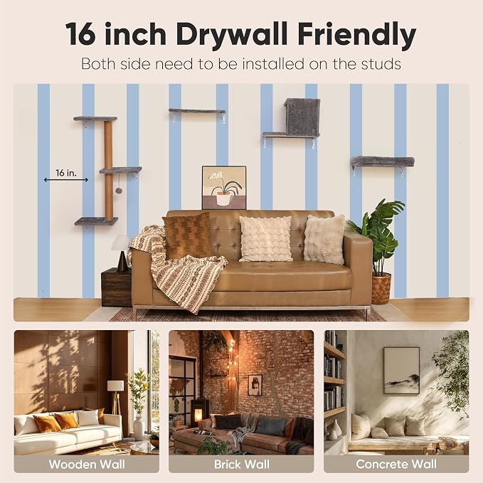 FUKUMARU Cat Wall Shelves, 4 in 1 Set, Light Gray | Stable & Safe Cat Walls Furniture, Wooden Kitten Climbing Wall with Scratching Post for 16 Inch Drywall