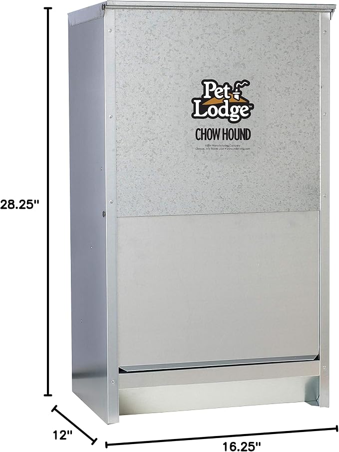 Pet Lodge® Automatic Dog Feeder | Chow Hound Outdoor Pet Feeder for Large Dogs | Tough Galvanized Steel | Made in USA | 50 Pound | Large Refillable Home Feeding Containers and Storage Dispensers for Dogs, Silver