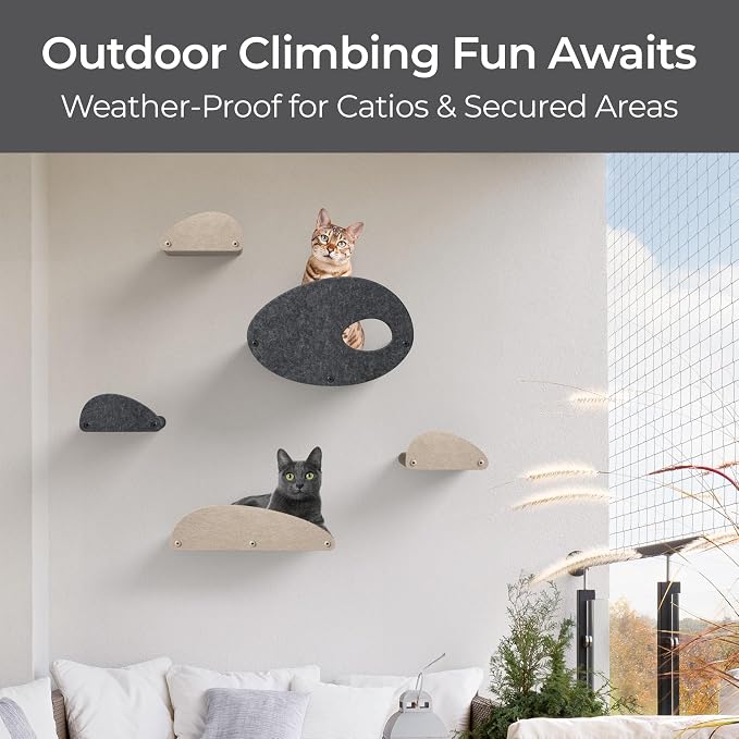 Pryde Pets Wall Mounted Cat Shelves with Facade Covers (Set of 4) 100% Sustainable PET Felt Feline Enrichment Climbing Walkways Furniture with Privacy & Safety, Modern Design for Cats (Oatmeal)