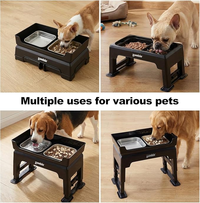 ZOMISIA Elevated Dog Bowls with No Spill Water Bowl, 6 Height Adjustable | 3-in-1 Dog Bowl Stand, Mess Proof Double Deck Design, 2 Stainless Steel Bowls, Licking Plate, For Small Medium Large Pets