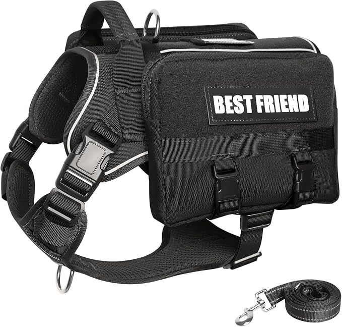 Dog Backpack Harness and Leash Set for Large Dogs Black L | Removable Side Pockets Dog Vest with Padded Handle&MOLLE,No Pull Front&Back Metal Clips for Hiking Training Walking Hunting