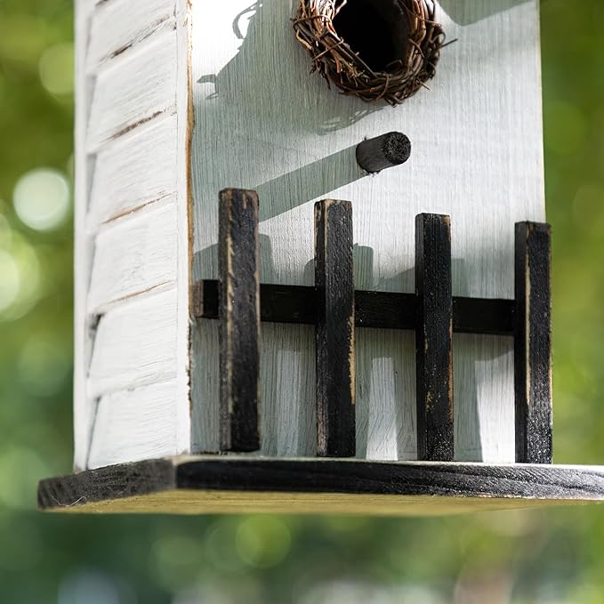 Glitzhome Bird Houses for Outside, Birdhouses for Outdoors, 11" H Washed White Solid Wood Bird Houses Fence Garden Hanging Birdhouses for Bluebird Swallow Sparrow Hummingbird Finch Cardinals