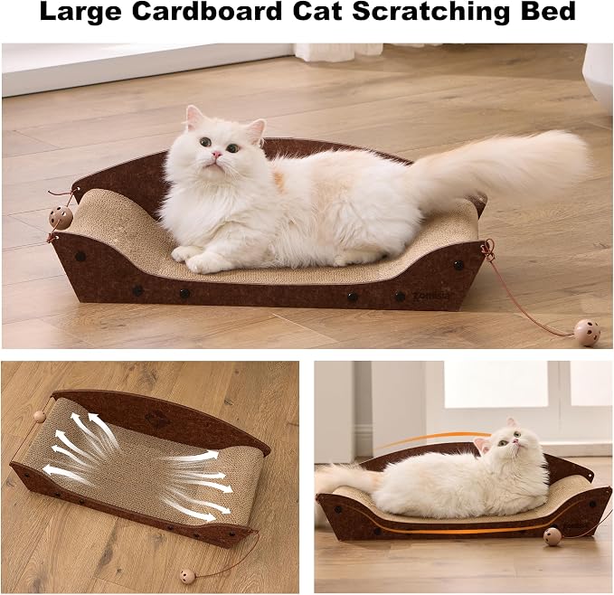 ZOMISIA 26'' Cardboard Cat Scratcher Bed - Large Scratcher Couch for Indoor Cats, Orthopedic Scratching Board, Lounger Scratching Couch with Bells