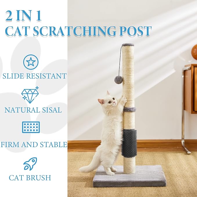 MeowHomm 32" Cat Scratching Post with Self Groomer Cat Brush, Sisal Rope Tall Cat Scratching Post with Soft Hanging Ball for Indoor Cats, Cat Claw Scratcher Covered with Soft Smooth Plush