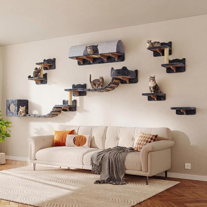 16-in-1 Cat Wall Shelves, Cat Furniture w/Tunnel & Bridge, Grey | Wall Mounted Cats Shelf Set with Plush Fabric, Cat Climbing Wall Systems for 16 Inch Drywall, with Scratching Posts, Condos