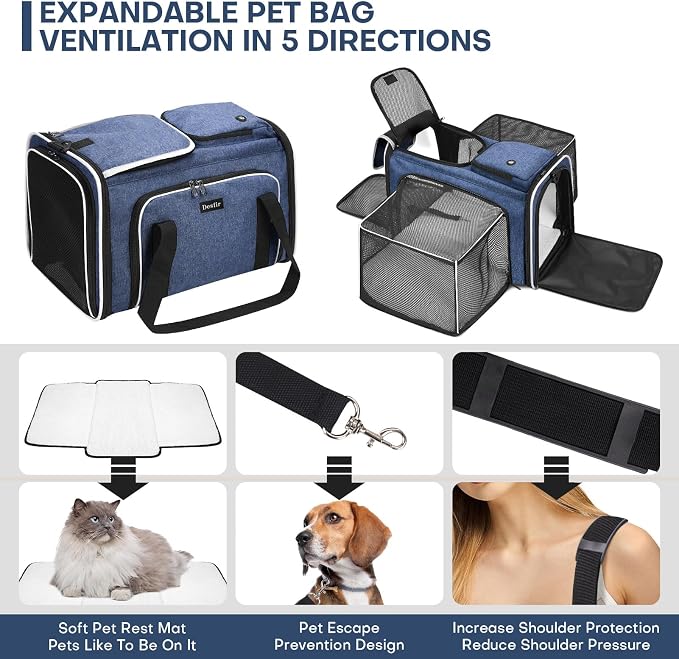 Pet Carrier, Large Soft Sided Expandable Travel Carrier with Steel Frame, Anti-Scratch Mesh, Removable Fleece Pad and Pockets for Cats, Dogs and Small Animals up to 15 lbs (Blue, 4 Sides Expandable)