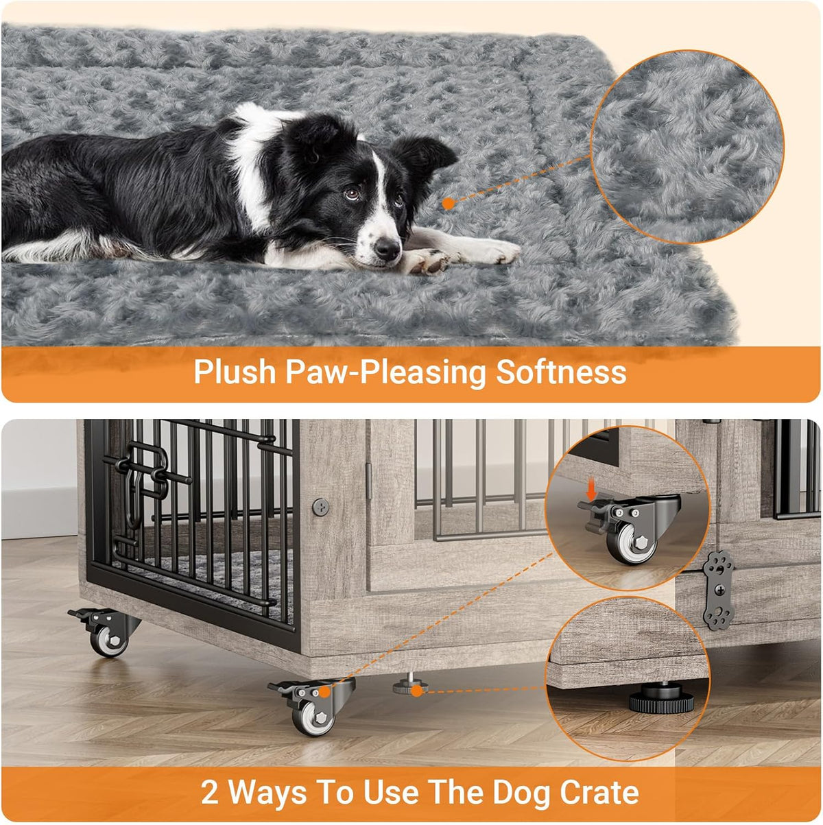 Lulive Large Dog Crate Furniture, 38'' Wooden Dog Crate End Table, Double Door Dog Kennel Indoor with Cushion & Wheels, Decorative Dog Cage House Chew-Resistant for Large/Medium, Grey
