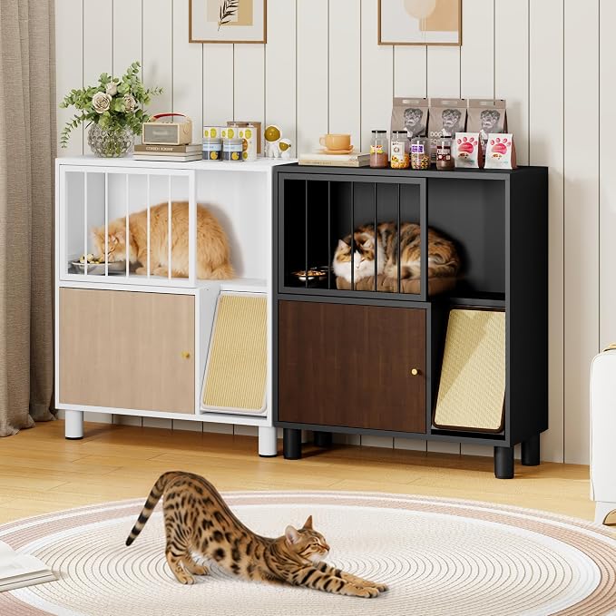 Dog Proof Cat Feeding Station, Metal Cat Feeding Cabinet, White | Elevated Cat Feeding Station, Pet Food Station with Storage, Cat Bowl Stand, Scratching Board, Stainless Steel Bowls