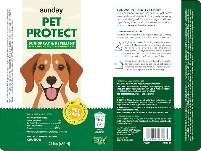 Sunday Pet Protect Flea, Tick, & Mosquito Spray Natural, Effective Bug Spray for Dogs Kills, Controls, Prevents Biting Pests with Cedarwood & Soybean Oil 24 oz