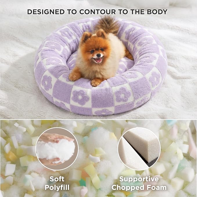 LE SURE Shown on TV Jacquard Donut Small Dog Beds,Flower Checks 23x23x7in | Orthopedic Calming Cat Sofa Indoor,Cute Original Design Pattern,Washable Cover,Home Decor Suit as Gift ,Anti Slip Bottom