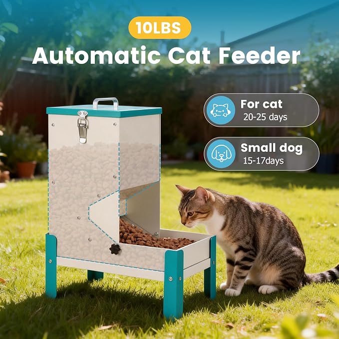 Automatic Cat Feeder, Elevated Dog Bowl Food Dispenser Gravity | 10L Galvanized Automatic Dog Feeder Elevated Cat Feeder Removable Feeding Tray Raised Pet Feeder for Dogs and Cats