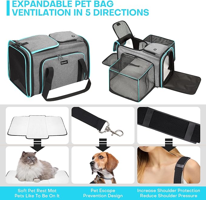 Pet Carrier, Large Soft Sided Expandable Travel Carrier with Steel Frame, Anti-Scratch Mesh, Removable Fleece Pad and Pockets for Cats, Dogs and Small Animals up to 15 lbs (Gray, 4 Sides Expandable)