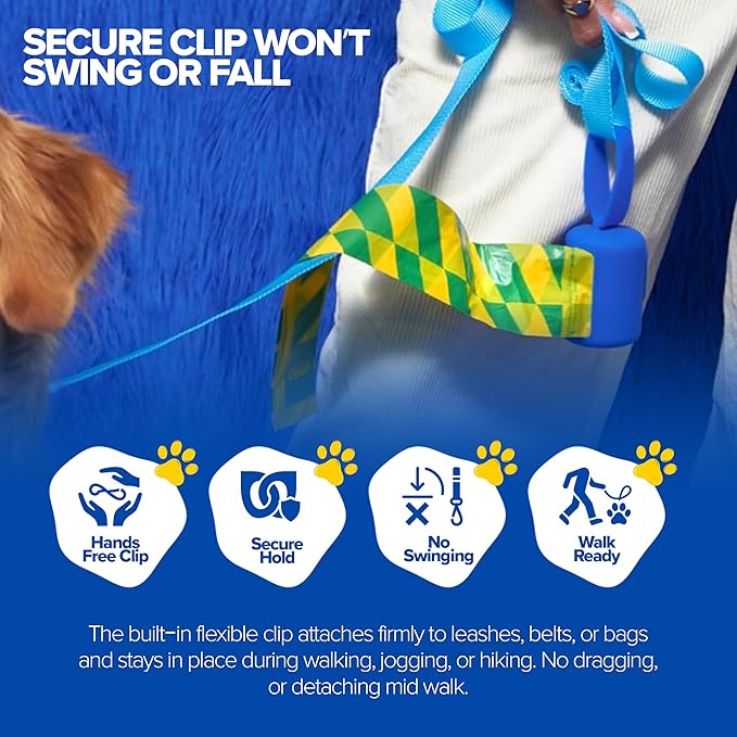 Dog Poop Bag Dispenser with 15 14" Bags Capacity – Blue Silicone Dog Poop Bag Holder for Leash | Durable, Portable & Refillable Waste Bag Case | Only Fits Waste Happy bags