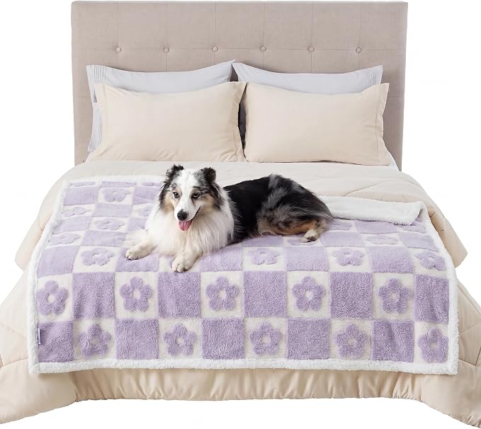 LE SURE Waterproof Dog Blankets for Large Dogs Cute Cozy 3D Jacquard,50x60 | Warm Soft Pet Blanket for Senior Dogs Aesthetic Gift, Washable Sherpa Throw,Reversible Couch Protector,Lavender Flower Checks