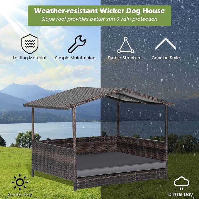 Tangkula Wicker Dog House, Indoor Outdoor Raised Rattan Dog Bed w/Removable Cushion, Washable Cover, Weatherproof Roof, Rattan Puppy Shelter w/Elevated Floor for Small Medium Dogs (Grey)