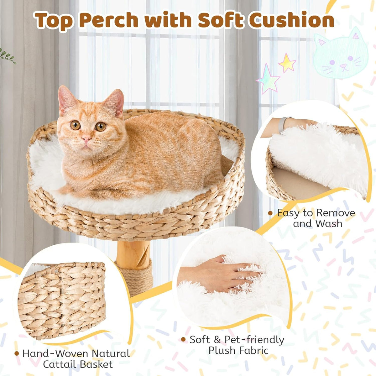 Tangkula Cat Tree Tower, Solid Wood Modern Cat Tower with Top Cattail Basket Bed, Side Perch, Large Platform & Condo, Cute Cat Tree with Scratching Posts for Indoor Cats Large Adult