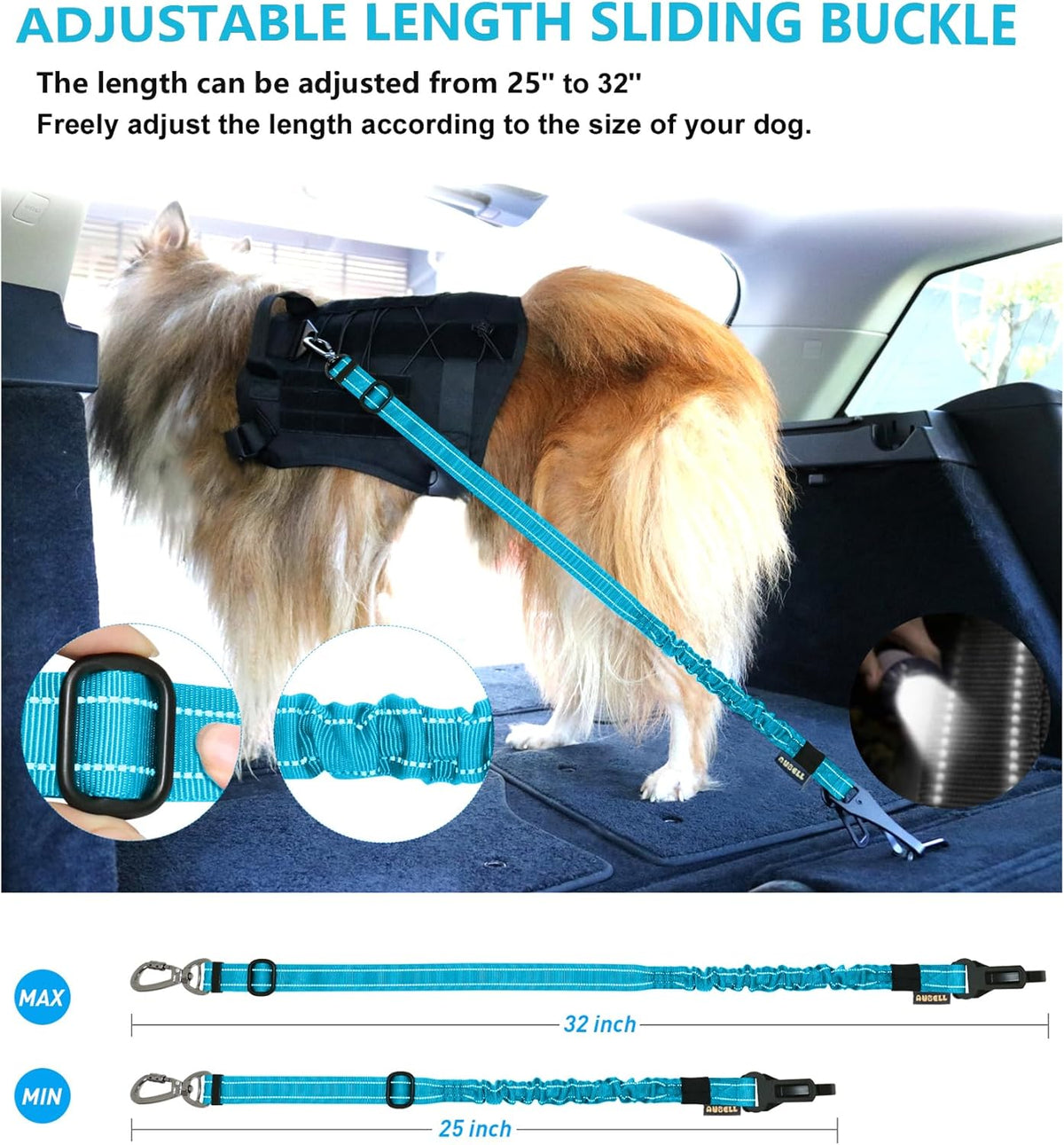 AUBELL Dog Seat Belt for Car,Updated 3-in-1 Adjustable Reflective Bungee Heavy Duty Dog Car Harness Tether with Clip Hook Latch & Buckle,Swivel Zinc Alloy Carabiner,Blue