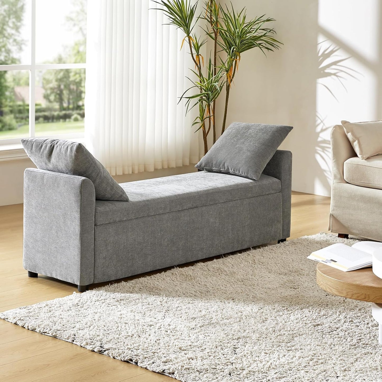 HULALA HOME Modern Storage Bench with Throw Pillows, 59.4" Extra Long Bedroom Ottoman Bench for End of Bed, Comfy Upholstered Footstool for Living Room Dining Room Entryway, Grey