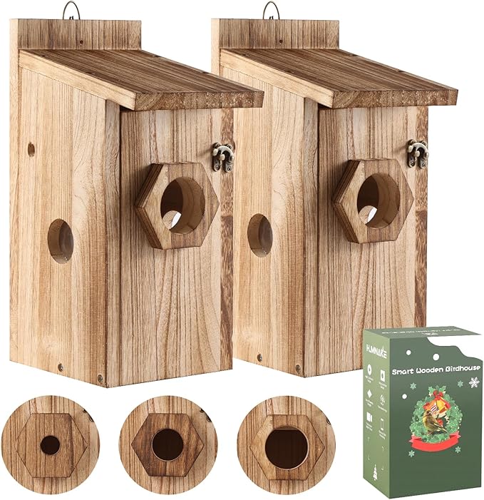 Bird House for Outside –Hanging Birdhouse for Bluebird Finch Swallow Wren Chickadee, Decorative Outdoor Bird Nesting Box with 3 Size Holes, Assembly Required (2)