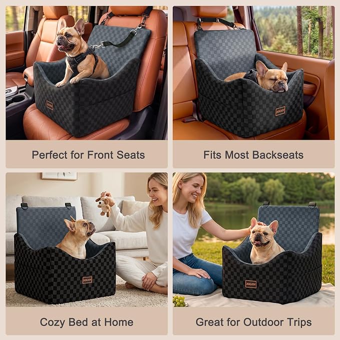 JOEJOY Elevated Dog Car Seat for Small/Medium Dogs up to 35 lbs, Memory Foam Booster Seat with Detachable Washable Cover, Travel-Safe Car Bed with Safety Belts & Storage Pockets, Dark Grey