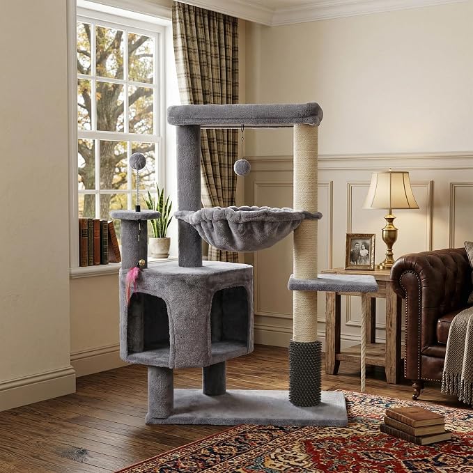 Cat Tree for Indoor Cat, with Cat Condo and Hammock, Grey | Cat Tree with Self-Grooming Brush and Toy Balls,Cat Tower with Scratching Posts