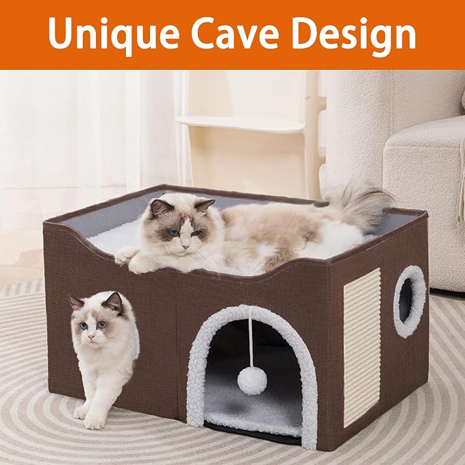 Loyareal Cat Houses for Indoor Cats - Large Cat Bed Cave with Scratch Pad and Fluffy Ball, Foldable Cat Condo Hideaway with Reversible Cushion for Multi Small Pet,Brown