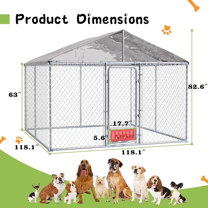 Grepatio 10x10 FT Outdoor Dog Kennel with Roof, Outside Dog Enclosure with 2 Rotating Feeder Bowls, Dog Kennel Dog Playpen Fence for Large Dogs with Secure Lock (10x10 FT)