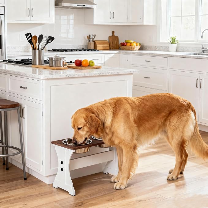 Piskyet Elevated Dog Bowls,Dog Bowl Stand, 12Cups15.7 H_90oz Bowl-Farmhouse | Farmhouse Dog Bowls Stand, Raised Dog Bowl with 2 Stainless Steel Wooden Dogs Bowls for Large Size Dogs