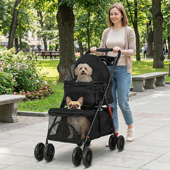 Double Pet Stroller for 2 Cats & Dogs, 2-in-1 Cat & Dog Stroller, Lightweight Foldable Travel Cart with Cup Holder & Brake Cat Strollers for 2 Cats, Dog Strollers for 2 Small Dogs