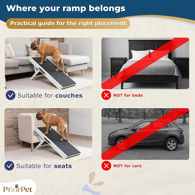 Dog Ramp for Couch – Non-Slip, Sturdy Build Foldable Wooden Dog Ramp – Supports up to 200 lbs – 7 Adjustable Heights (14"–20.5") – Enhanced Stability – Birchwood Pet Ramp for Small Dogs – White