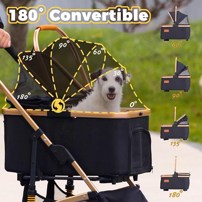 Dog Stroller for Small Dogs, Lightweight Pet Stroller for 2 Cats Dogs with 6 Shock Absorption System, Detachable Carrier Suitable for Car Seat & Hand Carry, Safe Outings, Black