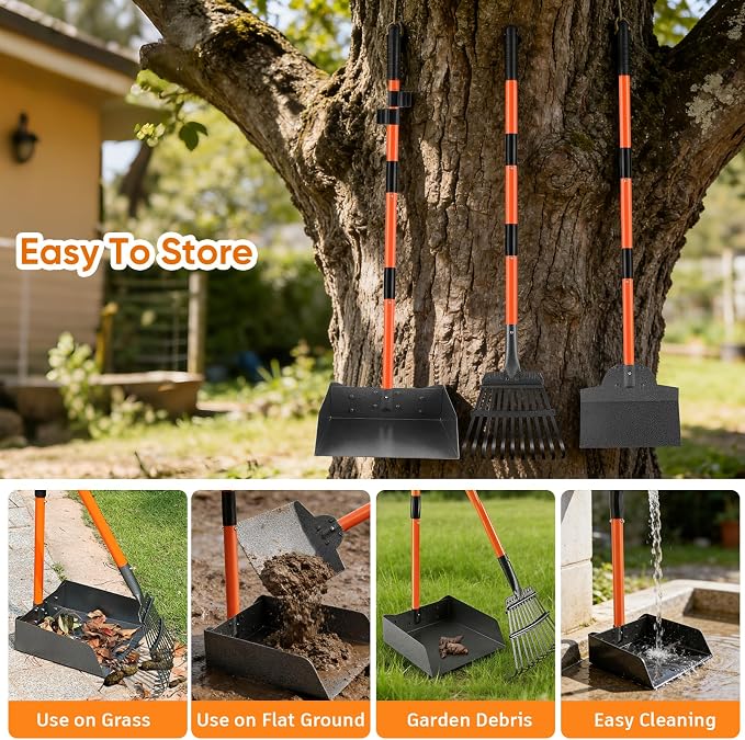 Pooper Scooper for Large Dogs, Poop Scoop with Long Handle Tray, Spade,Rake | Extra Larger Metal Bin, Heavy Duty Aluminum Poop Picker,No Bending,Rust Proof,Use on Grass, Dirt, Gravel, Perfect for Seniors