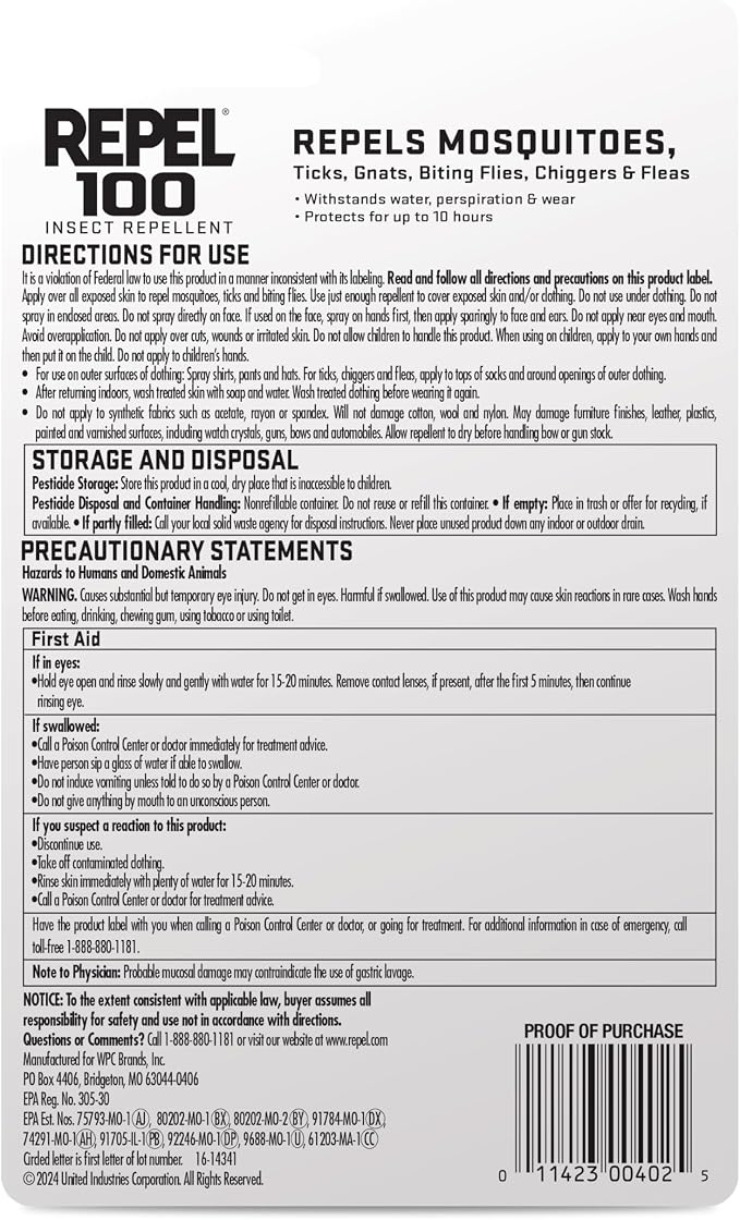 Repel 100 Insect Repellent, 1 Ounce, With DEET, 10-Hour Protection Long-Lasting Insect Repellent Travel Pump Spray Repels Mosquitoes, Ticks, Gnats, Biting Flies, Chiggers And Fleas, 6 Pack