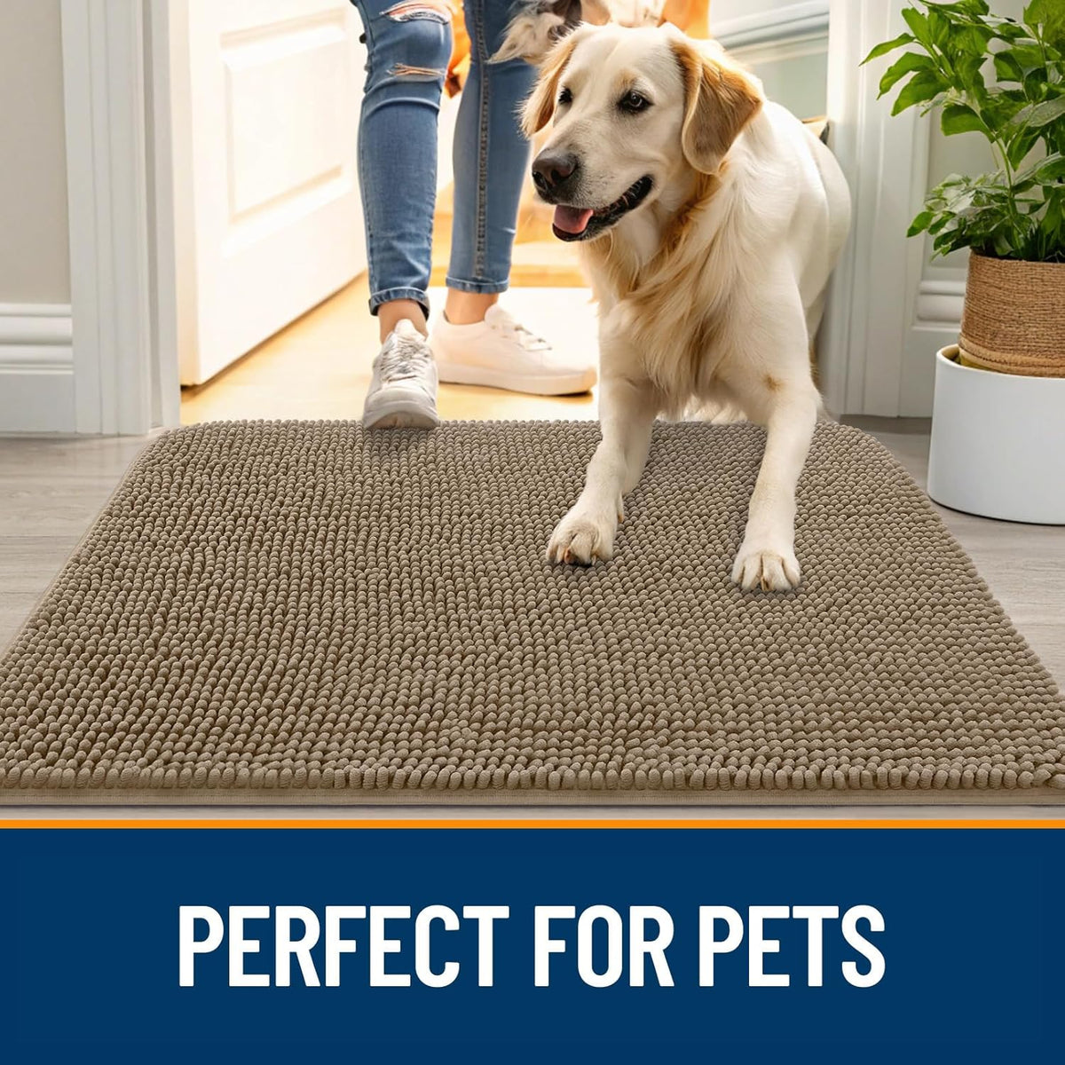 OLANLY Dog Door Mat for Muddy Paws 59x24, Absorbs Moisture and Dirt, Absorbent Non-Slip Washable Doormat, Quick Dry Chenille Mud Mat for Dogs, Entry Indoor Entryway Carpet for Inside Floor, Tan