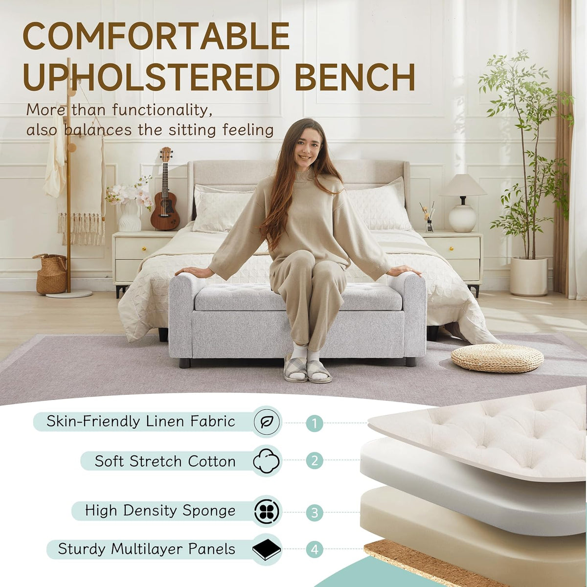Ottoman with Storage, Tufted Storage Bench for Bedroom, 48" Fabrics End of Bed Bench, Upholstered Entryway Shoe Benches with Rolled Arm & Inner Zipper, Window Ottomans Chest without Rivets, Light Grey