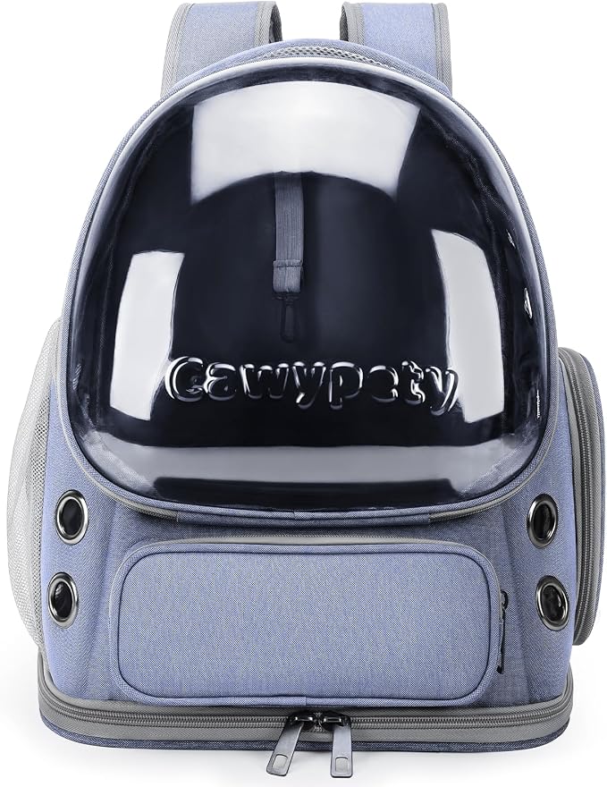 Cawypety Cat Backpack Carrier, Breathable Cat Carrier Large Space Bubble Pet Backpack for Kitty Small Dog up to 12lbs, Transparent & Foldable Pet Carrier for Travel Hiking (Blue