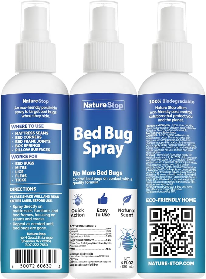 Bed Bug Spray (6oz) | Targets Bed Bugs & Eggs, Pet & Family Friendly, Plant-Based Active Ingredients, For Mattresses & Luggage, Stain-Free Formula