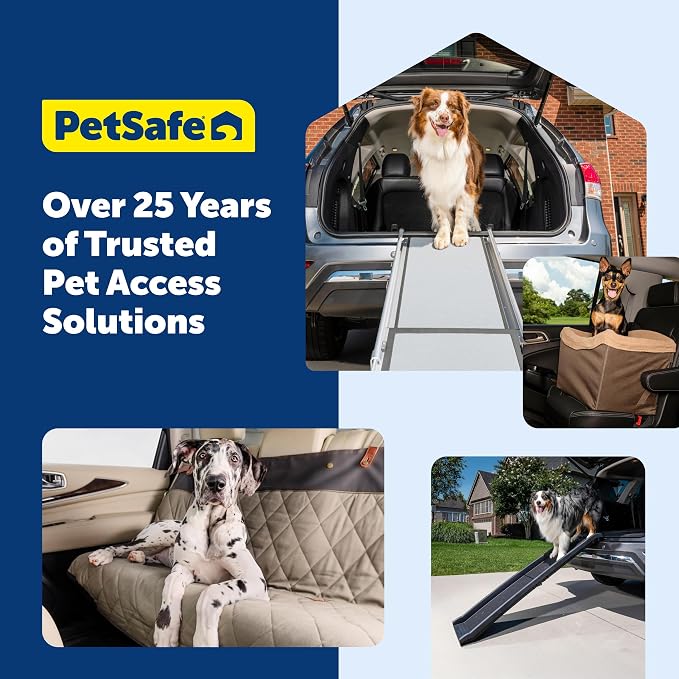 PetSafe Happy Ride Extra Long Telescoping Dog Ramp, Portable Pet Ramp for Cars, Trucks & SUVs with Adjustable Sizing | Extends 47-87 in to Reach Tall Trucks & SUVs, Rubber Feet, Side Rails, Safety Latch for Storage, Supports Dogs up to 300 Lb