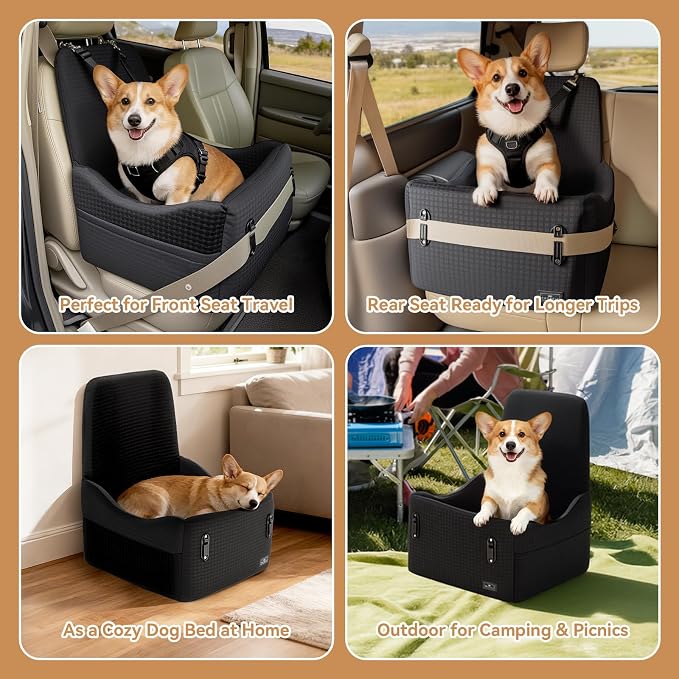 PETSFIT Dog Car Seat with Patented Safety System, 5" Elevated Cushion | Fully Detachable Washable Cover, Memory Foam Dog Booster Car Seat for Small/Medium Dogs Up to 35 Lbs with Safety Belt