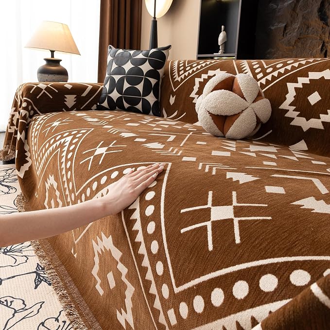 VClife Boho Couch Cover - Brown White Tribal Geometric Pattern Sofa Cover for 3 Cushion Couch Sofa Anti-Slip Washable Couch Cushion Cover, Diamond Zigzag Futon Sofa Protector for Living Room Decor